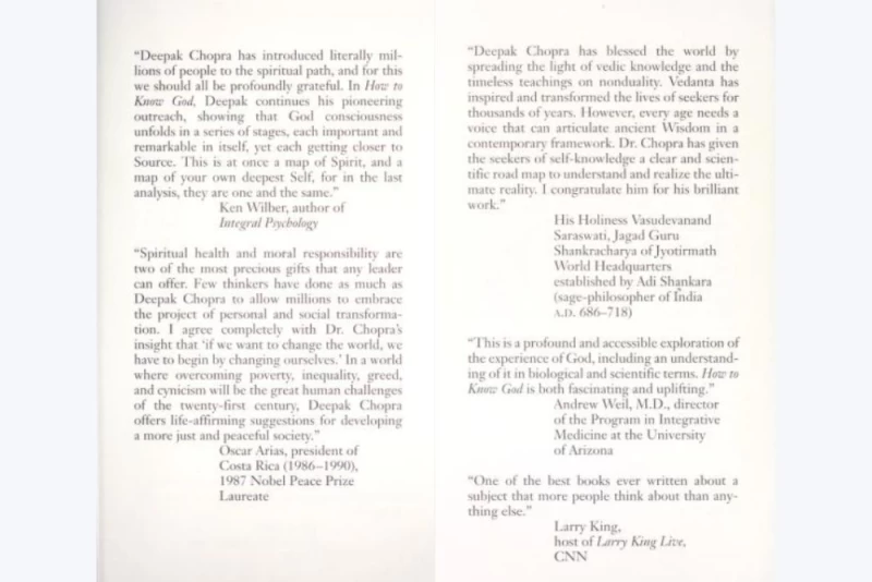 how to know god book deepak chopra testimonials