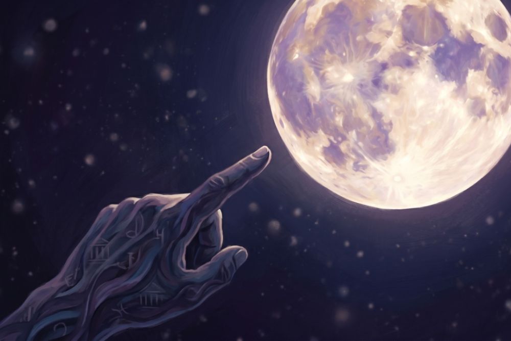 finger pointing to the moon