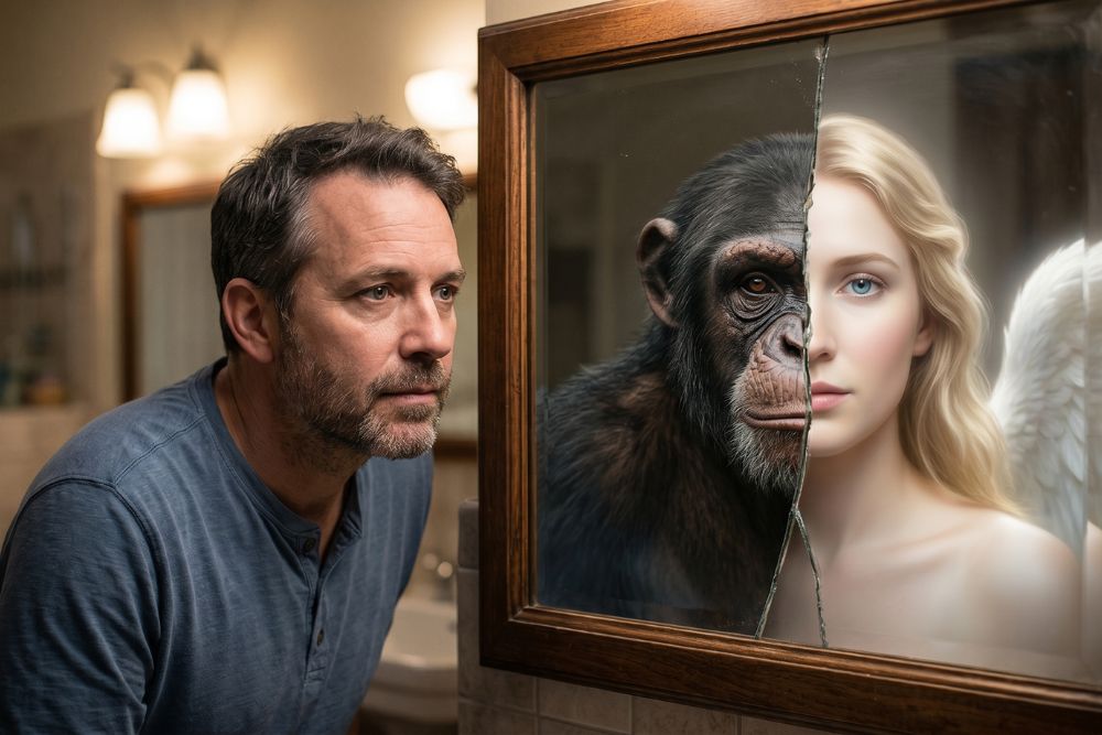 human being falling angel meets rising ape